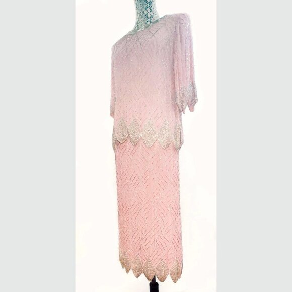 Fantasy by Lisa Kane, Silver-Beaded, Pink Pure Silk Chiffon Dress, Size 14-16 - Picture 14 of 14
